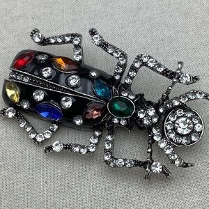Black Rhinestone Beetle Brooch with Gem Accents